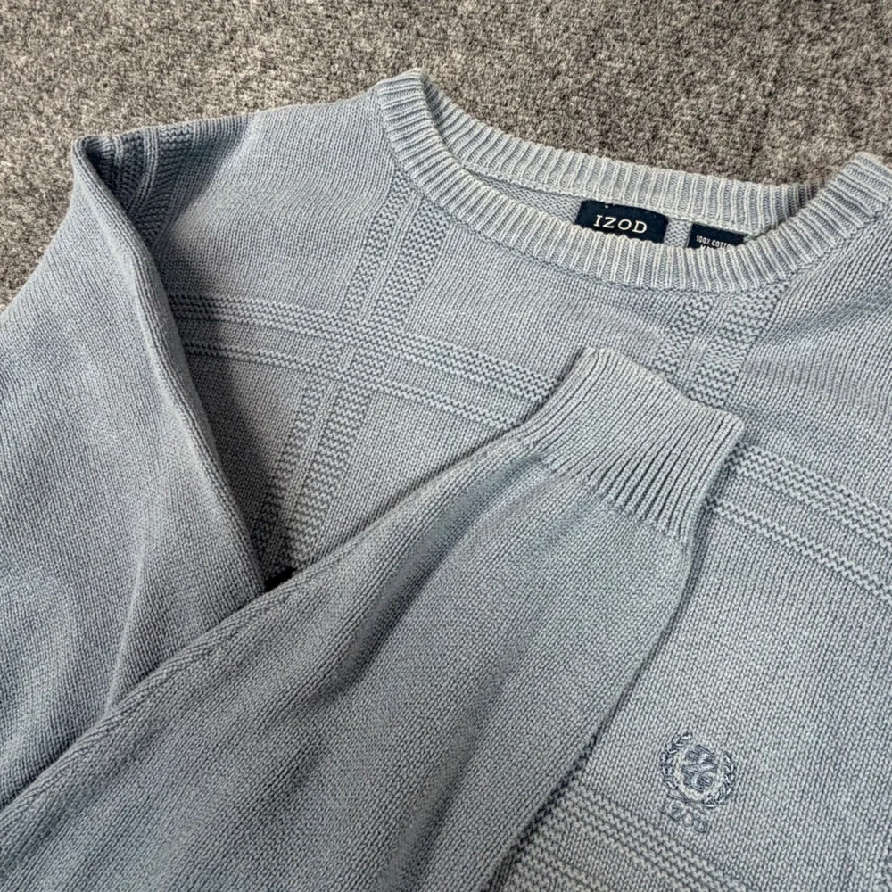 VTG Izod Mens Size Large‎ LT Light Blue Cotton Windowpane Grid Crewneck Sweater